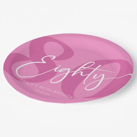 ピンク80歳80歳の誕生日パーティー ペーパープレート (アングル)
