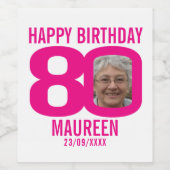 ピンク80誕生日カスタムフォト名ラベル ワインラベル (シングルラベル)