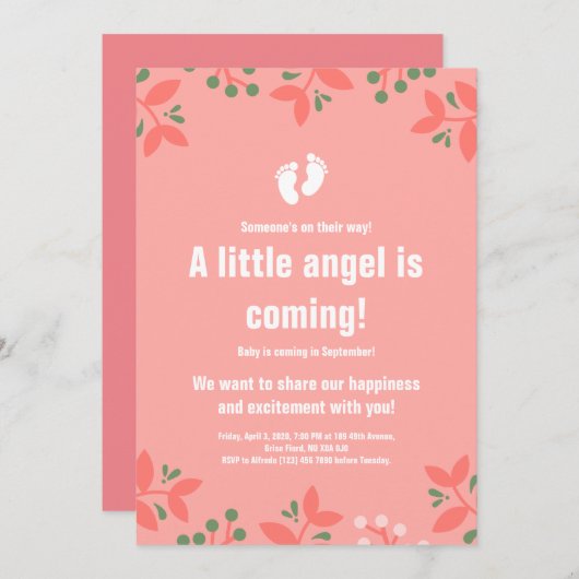 ピンク9月の女の子足フローラベビーシャワー 招待状 (正面/裏面)