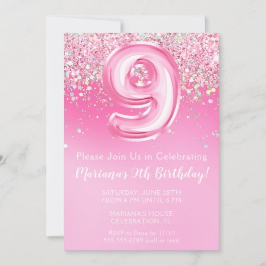ピンク9誕生日招待状ガーリーピンクグリッター 招待状 (正面)