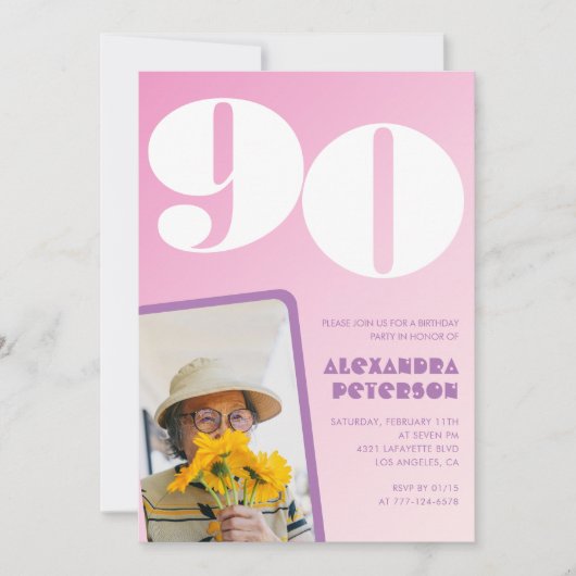 ピンク90歳の誕生日招待状レトロ写真 招待状 (正面)