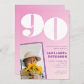 ピンク90歳の誕生日招待状レトロ写真 招待状 (正面/裏面)