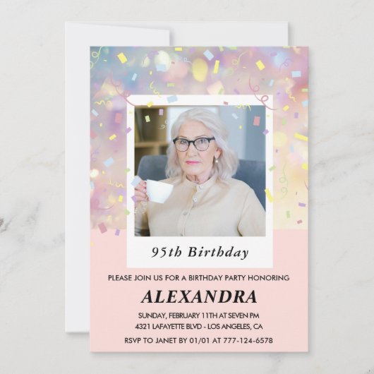 ピンク95歳の誕生日招待状紙吹雪写真 招待状 (正面)