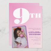 ピンク9th誕生日招待状ガールレトロ写真 招待状 (正面/裏面)