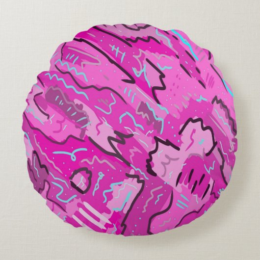 ピンク!おもしろい(抽象芸術アート) ラウンドクッション (正面)