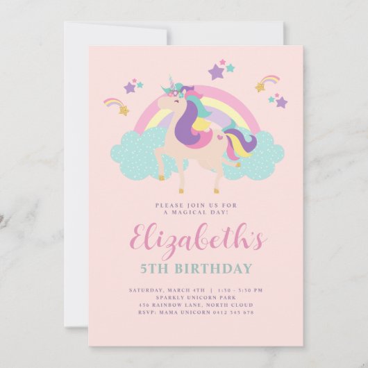 ピンク |かわいいレインボーユニコーンパーソナライズされた誕生日 招待状 (正面)
