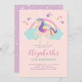 ピンク |かわいいレインボーユニコーンパーソナライズされた誕生日 招待状 (正面/裏面)