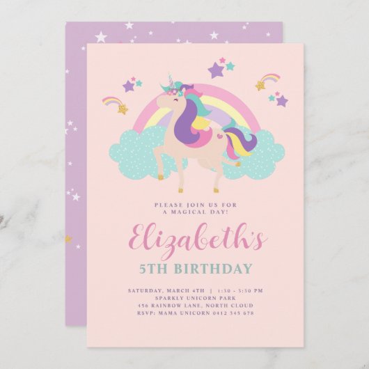 ピンク |かわいいレインボーユニコーンパーソナライズされた誕生日 招待状 (正面/裏面)