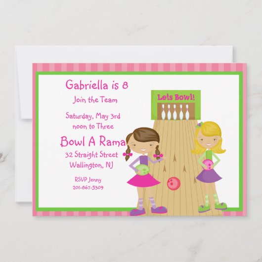 ピンク、かわいい、女の子ストライプのボーリングパーティの招待状 招待状 (正面)