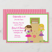 ピンク、かわいい、女の子ストライプのボーリングパーティの招待状 招待状 (正面/裏面)