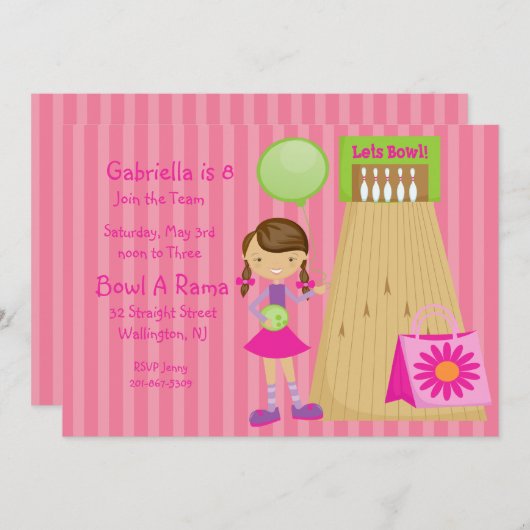 ピンク、かわいい、女の子ストライプのボーリングパーティの招待状 招待状 (正面/裏面)