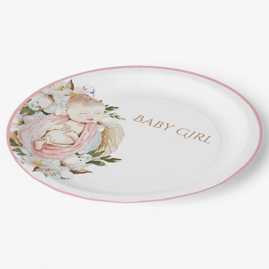 ピンク・かわいらしフローラ・ベビーガール・ベビーシャワー ペーパープレート (アングル)