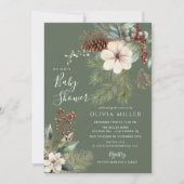 ピングの枝の冬の植物学のベイビーシャワー 招待状 (正面)