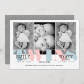 ピンク|の青の双生児のベビーの誕生の発表 案内状 (正面/裏面)