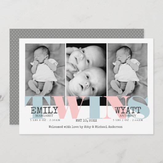 ピンク|の青の双生児のベビーの誕生の発表 案内状 (正面/裏面)