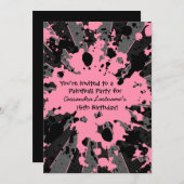 ピンク（ばちゃばちゃ）跳ねるのペイントボール誕生日 招待状 (正面/裏面)