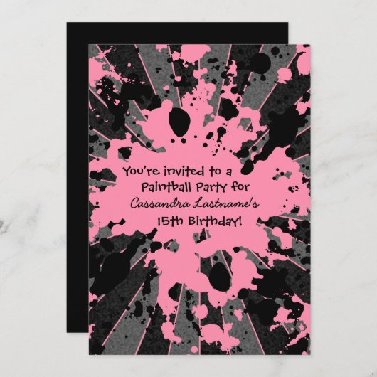 ピンク（ばちゃばちゃ）跳ねるのペイントボール誕生日 招待状 (正面/裏面)