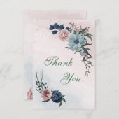 ピンク、ほこりっぽい青、ネイビーブルーの花々が緑 サンキューカード (正面/裏面)