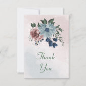 ピンク、ほこりっぽい青、ネイビーブルーの花々が緑 サンキューカード (正面)