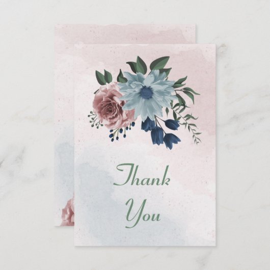 ピンク、ほこりっぽい青、ネイビーブルーの花々が緑 サンキューカード (正面/裏面)