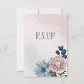 ピンク、ほこりっぽい青、ネイビーブルーの花々が緑 出欠カード (裏面)