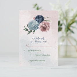 ピンク、ほこりっぽい青、ネイビーブルーの花々が緑 出欠カード