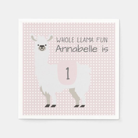 ピンク&アイボリーホールラマおもしろいベビー1st誕生日 スタンダードカクテルナプキン (正面)