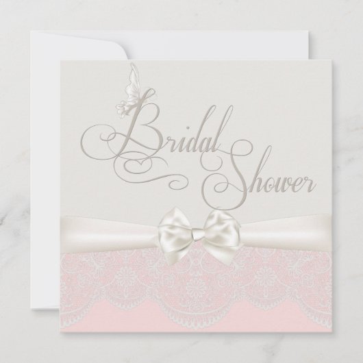 ピンク&アイボリー蝶とレースブライダルシャワー 招待状 (正面)