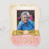 ピンク、アイボリー、金ゴールド65thフォト誕生日招待状 招待状 (正面/裏面)