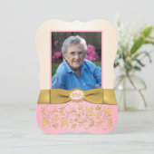 ピンク、アイボリー、金ゴールド65thフォト誕生日招待状 招待状 (スタンド正面)