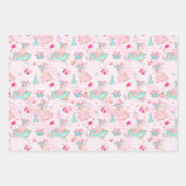 ピンク&アクアアイススケートフラミンゴス&クリスマスギフト ラッピングペーパーシート (正面3)