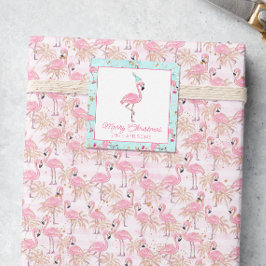 ピンク&アクアサンタフラミンゴビーチクリスマスギフト ノートカード