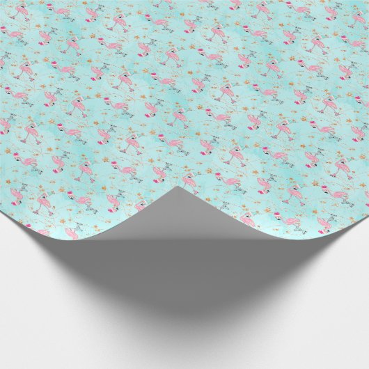 ピンク&アクアスケートで滑るフラミンゴスクリスマス ラッピングペーパー (角)