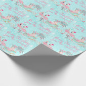 ピンク&アクアフラミンゴスパーソナライズされたクリスマス ラッピングペーパー (角)