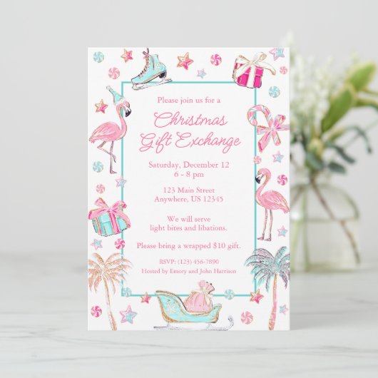 ピンク&アクアフラミンゴビーチクリスマスパーティー 招待状 (スタンド正面)