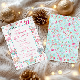 ピンク&アクアフラミンゴビーチクリスマスパーティー 招待状