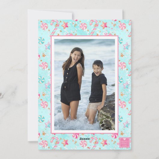 ピンク&アクアフラミンゴビーチクリスマスフォト シーズンカード (裏面)