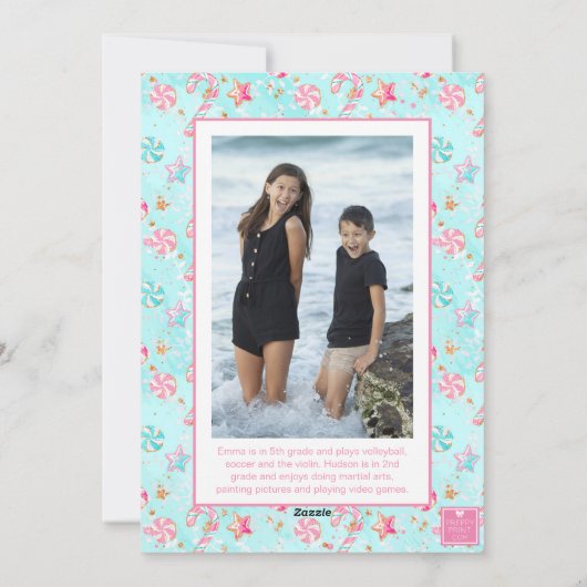 ピンク&アクアフラミンゴビーチクリスマスフォト シーズンカード (裏面)