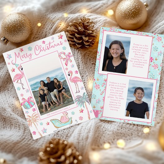 ピンク&アクアフラミンゴビーチクリスマスフォト シーズンカード