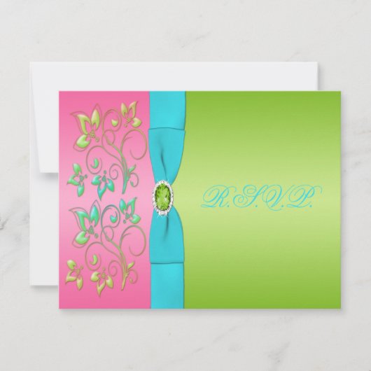 ピンク、アクア、およびライムフローラ返信カード 招待状 (正面)