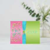 ピンク、アクア、およびライムフローラ返信カード 招待状 (スタンド正面)