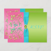 ピンク、アクア、およびライムフローラ返信カード 招待状 (正面/裏面)