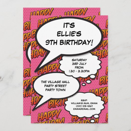 ピンク·アニー·エイジ·ハッピーバースデー·パーティー·モダンおもしろい 招待状 (正面/裏面)