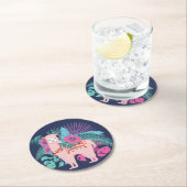 ピンク·アルパカ、ラマ熱帯葉のと花 ラウンドペーパーコースター (インサイチュ)