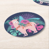 ピンク·アルパカ、ラマ熱帯葉のと花 ラウンドペーパーコースター (アングル)