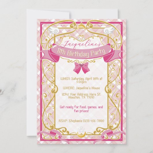 ピンク アールヌーヴォー プリンセス 誕生日 招待状 (正面)