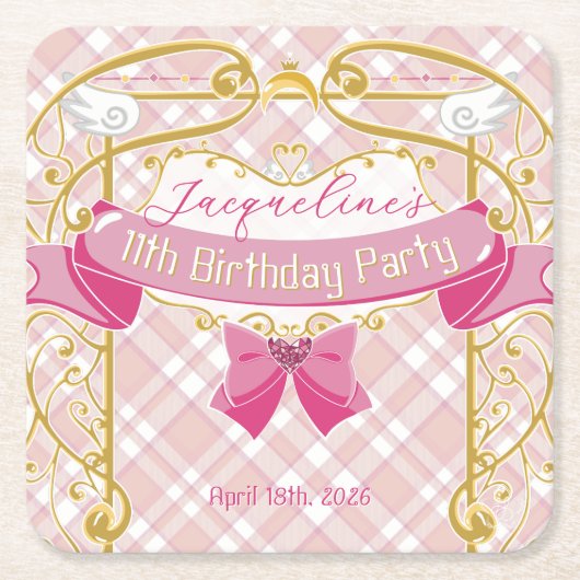 ピンク アール・ヌーヴォー プリンセスの誕生日 スクエアペーパーコースター (正面)