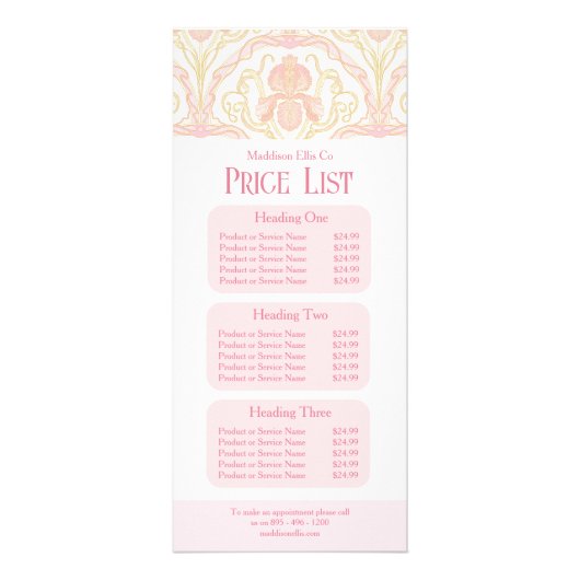 ピンク アール・ヌーヴォー 花柄 価格表 ラックカード (正面)