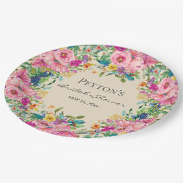 ピンク+イエローの水彩フラワーブライダルシャワー ペーパープレート
