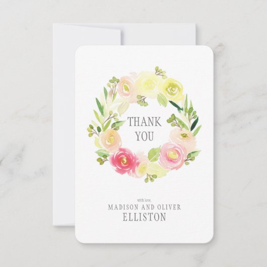 ピンク&イエローウォーターカラーフローラリース|ありがとう サンキューカード (正面)